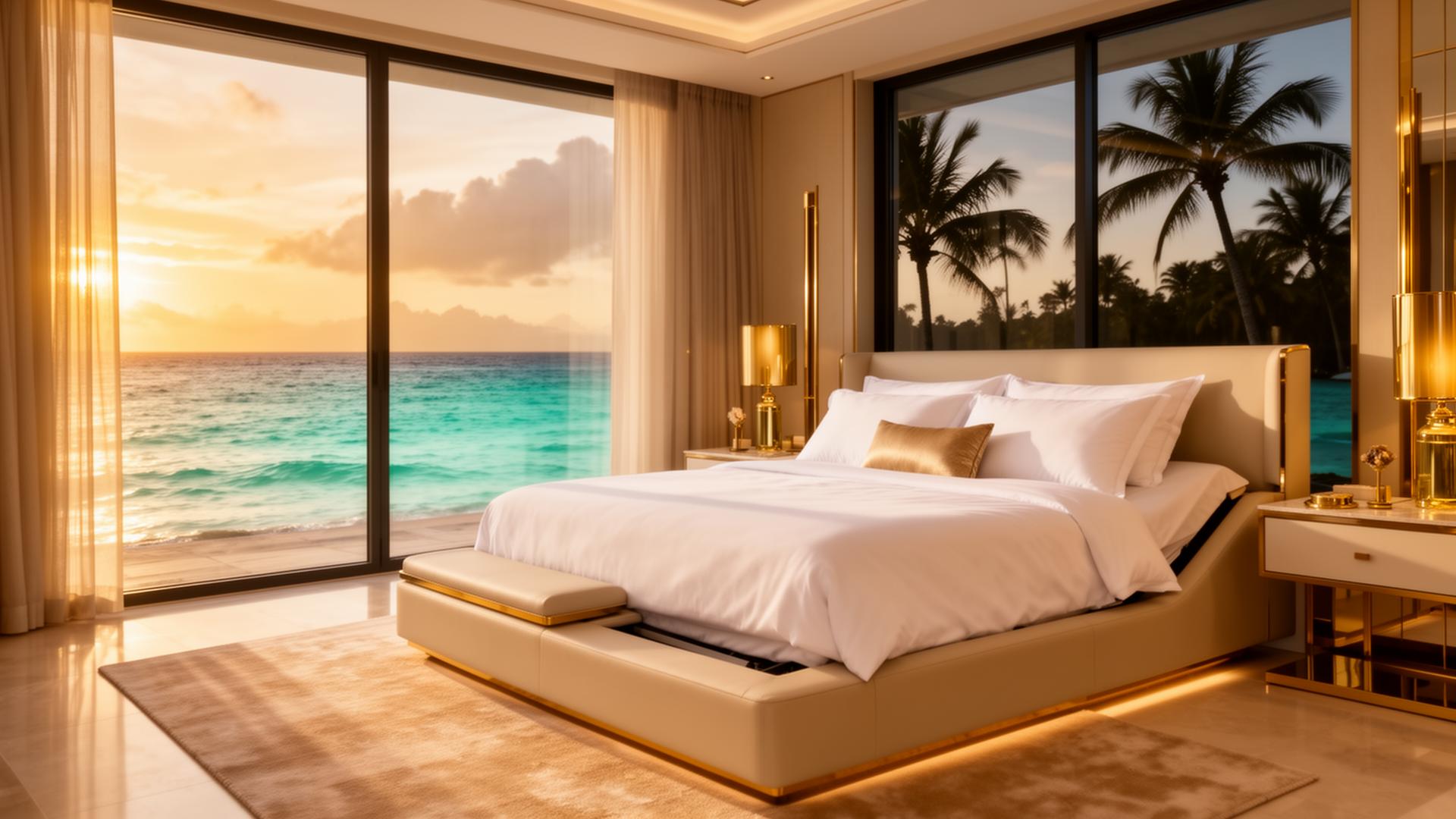 Luxury bedroom suite overlooking a tropical Fiji ocean at sunrise